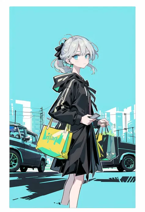 a woman in a black coat and a yellow bag