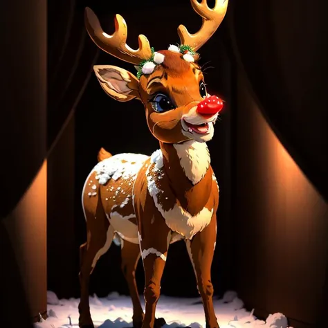 rudolph the reindeer is standing in a dark room with a red nose