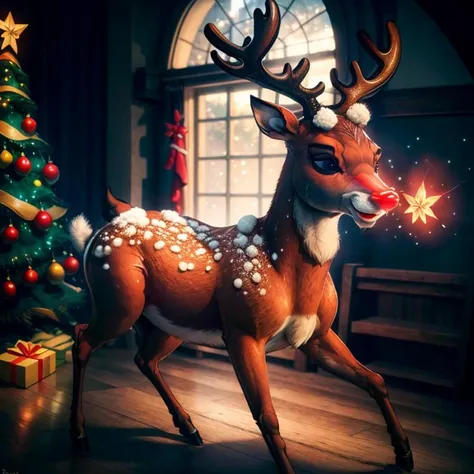 rudolph the reindeer is running around in front of a christmas tree