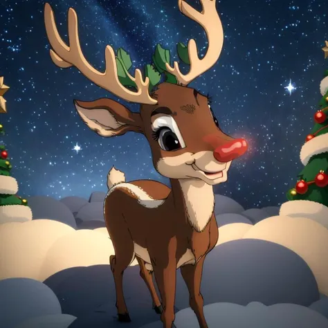 rudolph the reindeer is standing in front of a christmas tree