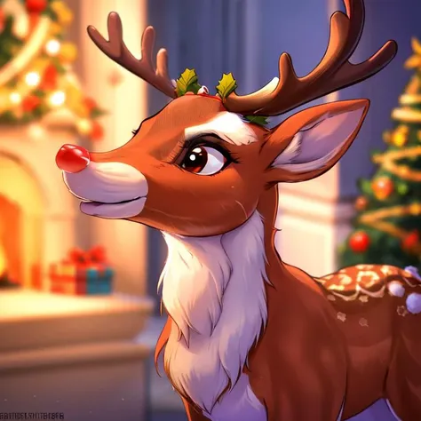 rudolph the reindeer is standing in front of a christmas tree