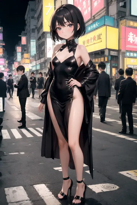 A night Hong Kong street,
a well lit adult woman poses wearing a full dress with a high collar and side slit, a leg aside, high heels,
depth of field, film grain, high quality analog photo, professional shot