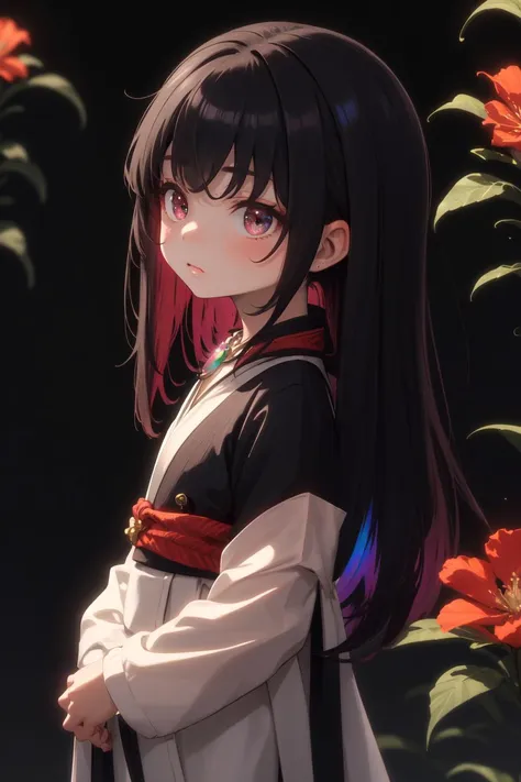 anime girl with long black hair and red and white dress standing in front of flowers