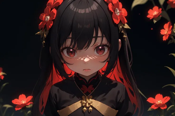 anime girl with long black hair and red flowers in her hair