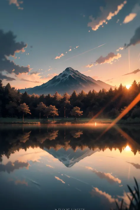 a view of a mountain with a lake and trees in the foreground