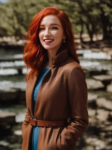 4nn41is3ba550, red hair, hazel eyes, smile, t-shirt, brown coat, blue jeans, belt, outdoors, pier, <lora:Annalise_Basso_PMv1a_LyCORIS:1>, Photorealistic, Hyperrealistic, Hyperdetailed, analog style, detailed skin, matte skin, soft lighting, subsurface scat...