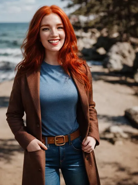 4nn41is3ba550, red hair, hazel eyes, smile, t-shirt, brown coat, blue jeans, belt, outdoors, pier, <lora:Annalise_Basso_PMv1a_LyCORIS:1>, Photorealistic, Hyperrealistic, Hyperdetailed, analog style, detailed skin, matte skin, soft lighting, subsurface scat...