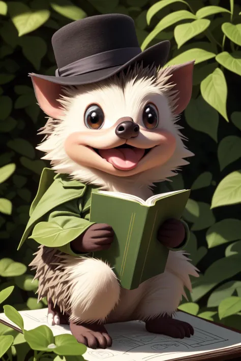 Visualize a lifelike drawing of a tiny hedgehog, wearing a black fedora hat, holding an oversized pencil in its paws, and writing in a small book.  Its features humorously exaggerated with especially large, bright eyes and an inquisitive, smiling expressio...