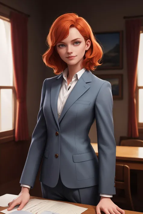 (high quality, best quality, highres, sharp focus, masterpiece:1.25), (utopian america, american:1.2), (1girl, woman:1), (tailor, wearing suit, pincushion, measuring tape:1), (blank_eyes, smirking:1), (ginger_hair, medium_hair, hair_flaps:1), (muscular bod...