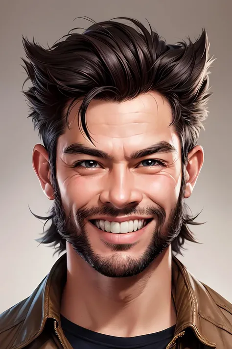 comic,portrait caricature,masterpiece, best quality,solo, solo, 1man, male focus, Wolverine,smile, simple background, <lora:portrait caricature:0.7>