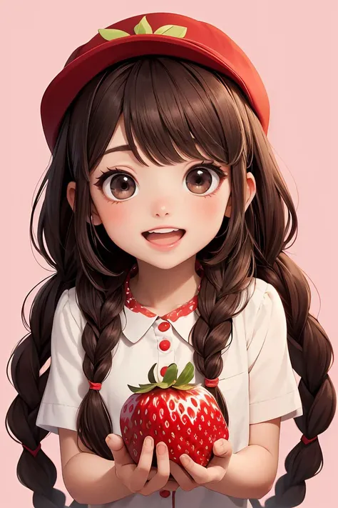 masterpiece,best quality,dramatic, 1girl, solo, long hair, smile, open mouth, bangs, brown hair, hat, strawberry, holding fruit, upper body, braid,chibi, black eyes, twin braids, fruit, red headwear, cropped torso, <lora:GoodHands-beta2:1>