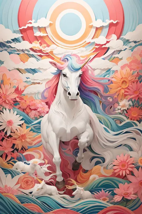 on unicorn land the painting features a unicorn riding on other flowery animals, in the style of psychedelic-inspired, light red and light gray, dreamscape portraiture, art nouveau-inspired illustrations, detailed character illustrations, nouveau rÃ©alisme...