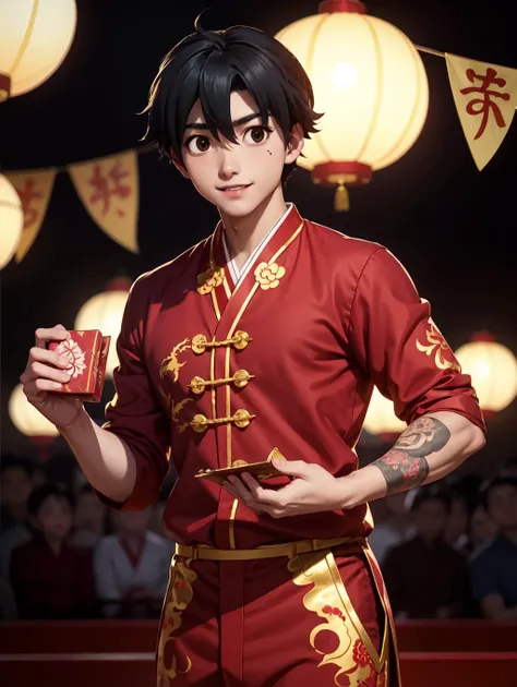 looking at viewer,  Amidst the Chinese New Year festivities of the Dragon, a (handsome young man:1.1)( dons traditional attire:1.5). His clothing reveals chiseled muscles and tattoos, with a red shirt featuring golden dragon embroidery and snug, red trouse...