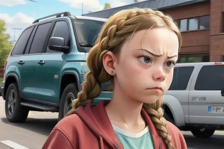 painting of Greta Thunberg, hair in braids, very angry, furious, short, in front of suv, cartoon style