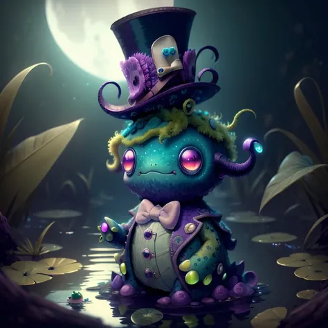 <lora:BugattiAI:0.85>,cu73cre4ture cute (green:1.2) blue purple cthulhu moss monster (wearing a top hat and suit:1.3) in a swamp, tentacles, moonlit night, glowing plants, insane details, intricate details, extreme detail, highest detailed, high detail, hy...