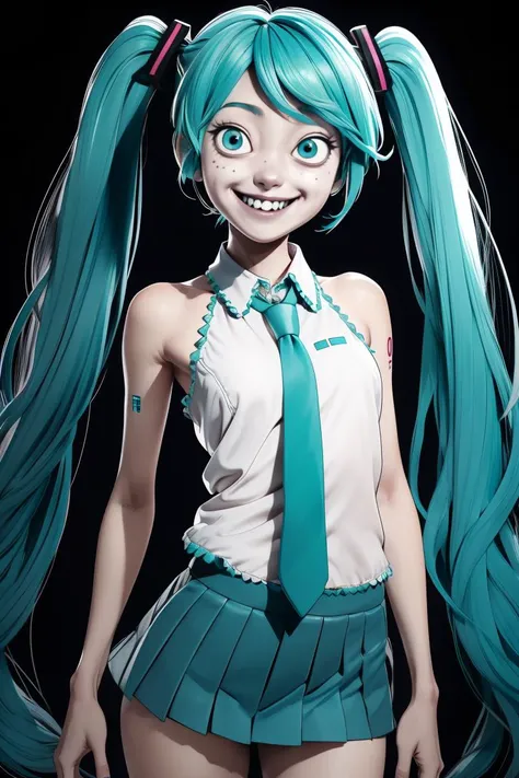 (by artist junji ito style:0.8), (masterpiece:1.2), best quality, masterpiece hatsune miku, teal hair, long twintails, bare shoulders, teal necktie, miniskirt, smile, grin, evil face, shaded face,(navel:0.6), <lyco:itoStyleLoRA:0.8>