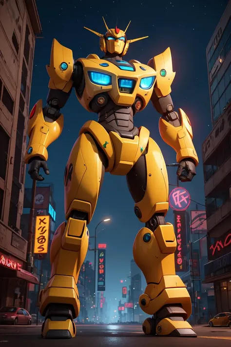 Pixar render,best quality,masterpiece,realistic,sky,night,1man, yellow mecha_robot,relic scenes,cyberpunk,school of fish,(neon lights:0.7),rim lighting,transformers style