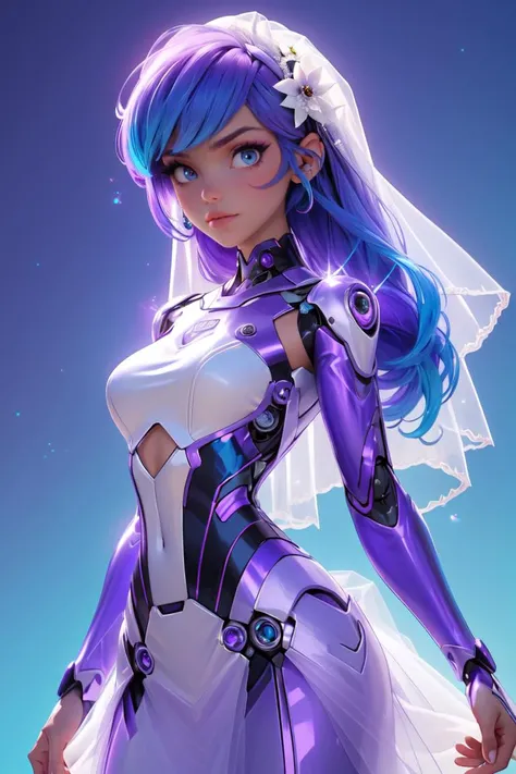 cyber enhanced female cyborg wearing (Sparkling Bodysuit:1.1) (Amethyst Purple Tulle Skirt with Color-Shifting Glimmer:1.1) (Swoop Bangs hairstyle:1.1), (Bride,Siniy Blue color background:1.3), <lora:MG_jijia:0.8>