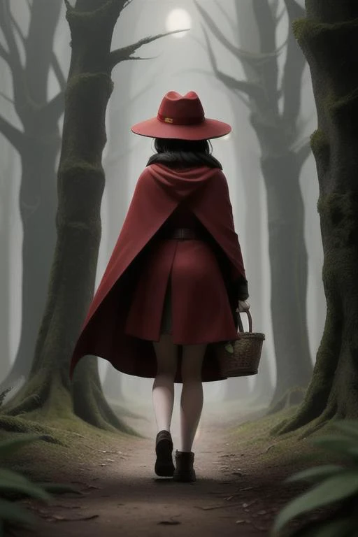 1girl, walking alone through a dark forest, gloomy lighting, red cape, red hat, basket in hand, forest, walking away, back turned