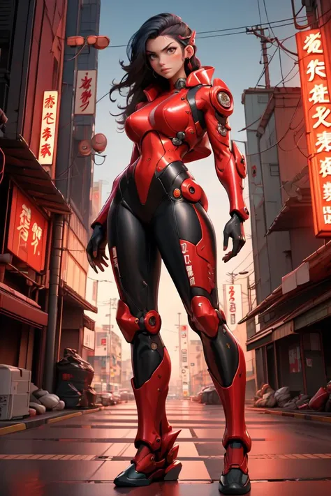 masterpiece,best quality,high quality, <lyco:GoodHands-beta2:1.0>,female, woman, cyberpunk scene, woman criminal, dangerous (yakuza:1.2) enforcer wearing red mecha bodysuit armor, neon red sun, bule sky, <lora:MG_jixie:1>