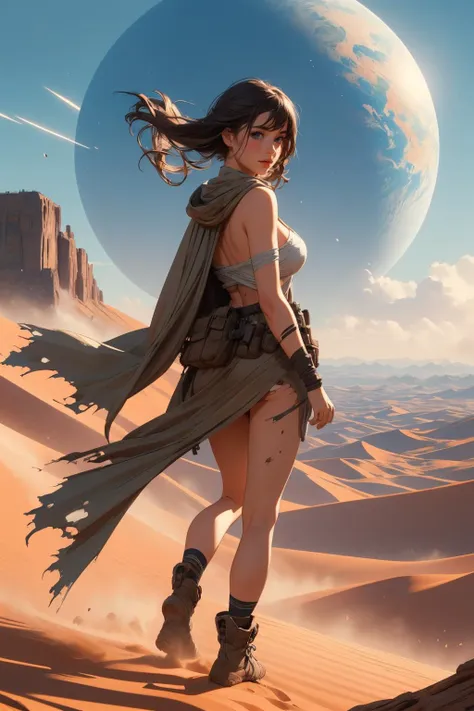 a woman in a desert with a planet in the background