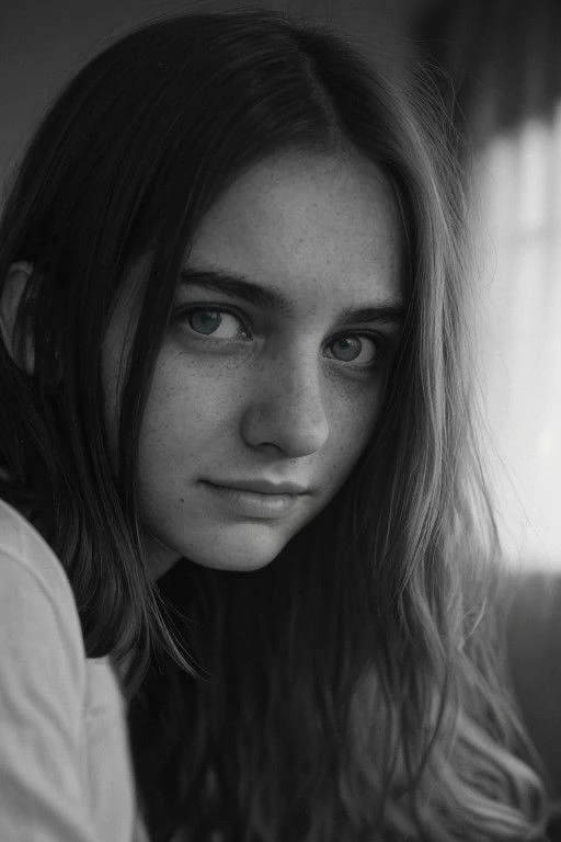 a close up of a woman with long hair and a white shirt