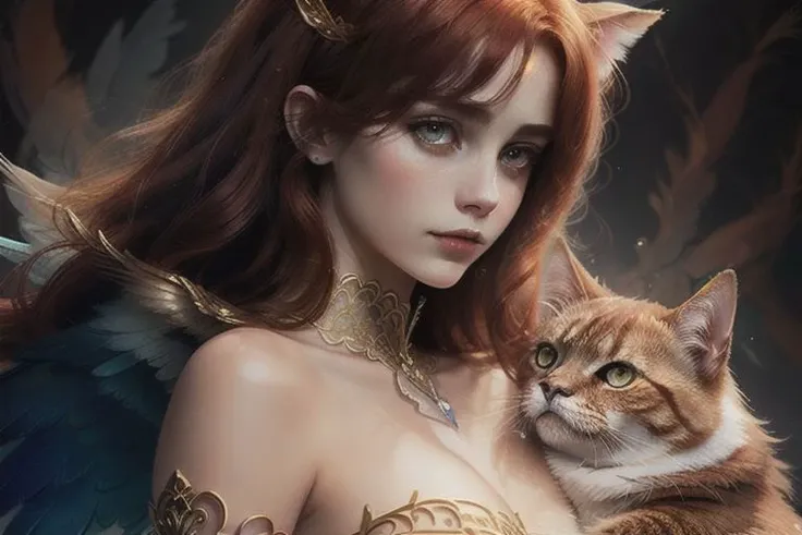 A fluffy red Beautiful cat girl Olya with crystal wings on its back. The girl has red hair.  the head and hands are clearly drawn. The girl is holding a wolf by the throat, which is trying to bite her. An image from a different angle.
masterpiece, best qua...