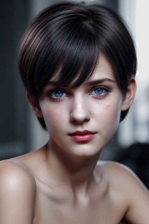 a woman with a short hair and blue eyes posing for a picture