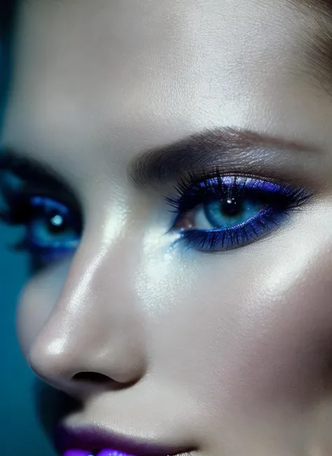 a close up of a woman with a purple lipstick and blue eyes