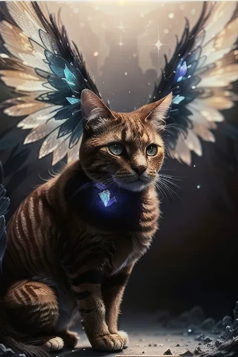 A fluffy red cat with crystal wings on its back. It stands on its hind legs.
masterpiece, best quality, highly detailed, cinematic film, surreal lighting shadow, Anatomical photo, professional photo, clarity drawn body details, augmented reality, hyperreal...