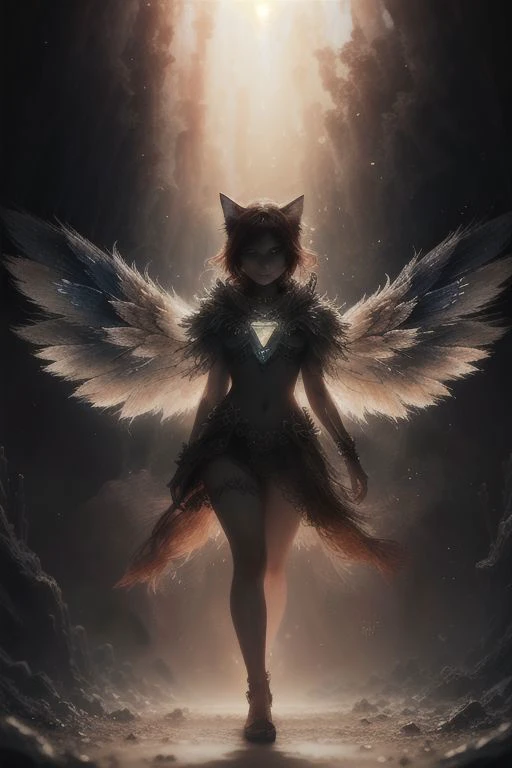 A fluffy red Beautiful cat girl with crystal wings on its back. It stands on its hind legs. Shes running
masterpiece, best quality, highly detailed, cinematic film, surreal lighting shadow, Anatomical photo, professional photo, clarity drawn body details, ...