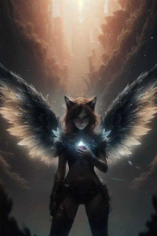 A fluffy red cat with crystal wings on its back. It stands on its hind legs.
masterpiece, best quality, highly detailed, cinematic film, surreal lighting shadow, Anatomical photo, professional photo, clarity drawn body details, augmented reality, hyperreal...