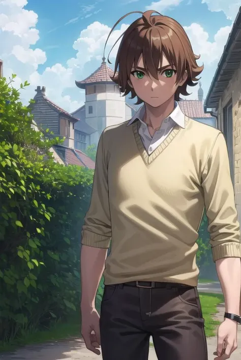 agktatsumi, <lora:agk tatsumi s1-lora-nochekaiser:1>,
tatsumi. brown hair, (green eyes:1.3), male focus, short hair, hair between eyes, ahoge,
BREAK  shirt, white shirt, collared shirt, yellow sweater, long sleeves, pants, black pants, boots, brown boots,
...