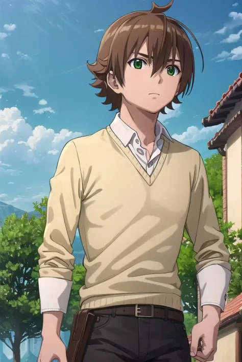 agktatsumi, <lora:agk tatsumi s1-lora-nochekaiser:1>,
tatsumi. brown hair, (green eyes:1.3), male focus, short hair, hair between eyes, ahoge,
BREAK  shirt, white shirt, collared shirt, yellow sweater, long sleeves, pants, black pants, boots, brown boots,
...