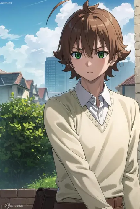 agktatsumi, <lora:agk tatsumi s1-lora-nochekaiser:1>,
tatsumi. brown hair, (green eyes:1.3), male focus, short hair, hair between eyes, ahoge,
BREAK  shirt, white shirt, collared shirt, yellow sweater, long sleeves, pants, black pants, boots, brown boots,
...