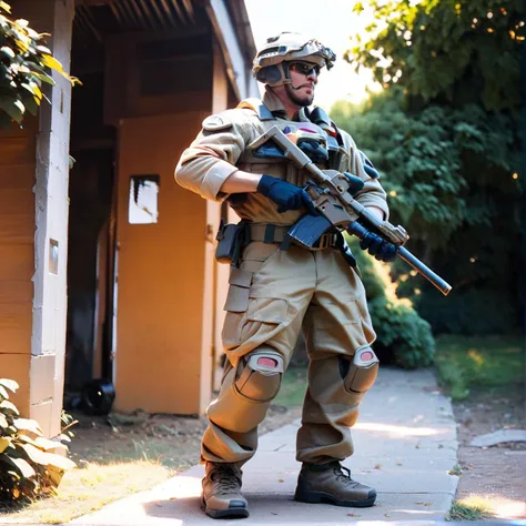 arafed soldier with a rifle and a helmet standing on a sidewalk