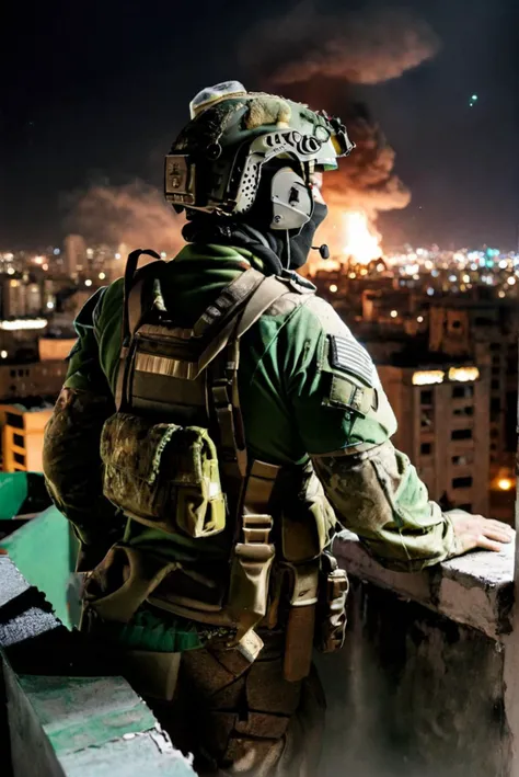 arafed soldier looking at a fire in the distance from a building