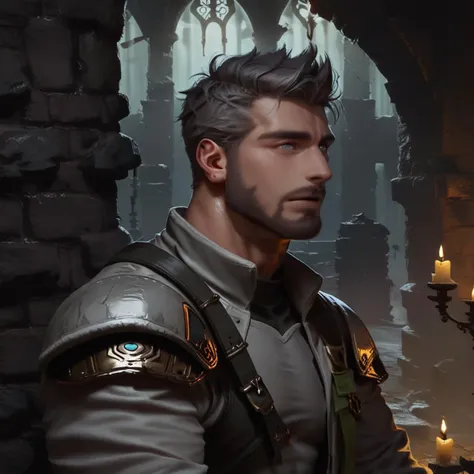 a man in armor standing in front of a candle lit room