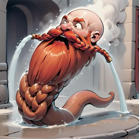 <lora:Harry_Dwarf_1.5:1> Harry_Dwarf, Braided moustache, red beard, bald, cartoon style,mouth open, leaning forward drinking from a firehose, fire hydrant