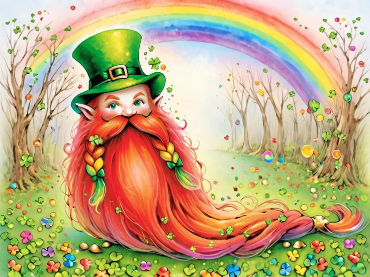 Harry_Dwarf as a leprechaun, looking at viewer,  flowing long red beard, braided moustache,leprechaun hat, bangles, <lora:Harry_Dwarf_1.5:1>, pot of gold, rainbows, field of shamrocks, magical forest, lucky charms,   <lora:YvonneCoomber:0.8> yvonne coomber...