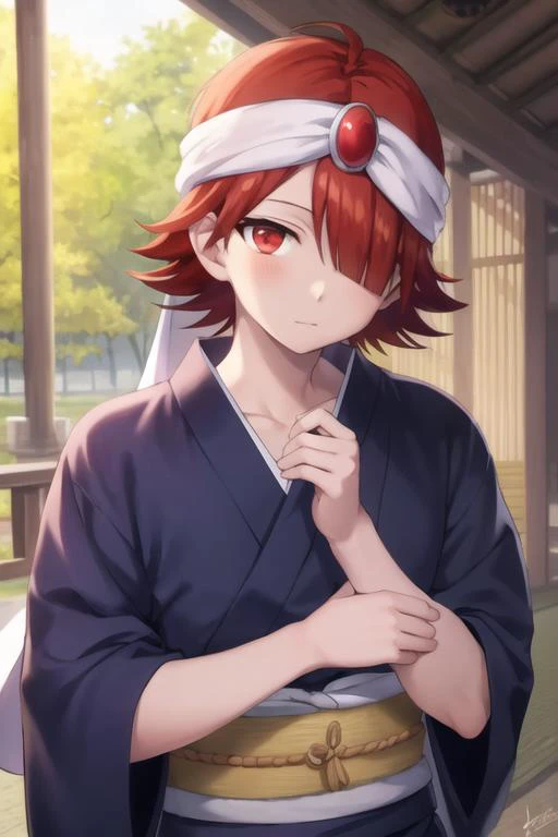 masterpiece, best quality, high quality, 1boy, solo, male focus, looking at viewer, upper body, <lora:mystras_leoxses:0.64>, mystras_leoxses, red hair, red eyes, yukata