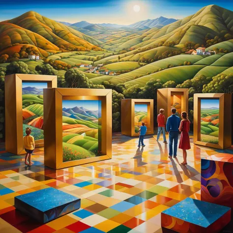 a painting of people walking through a room with paintings on the walls