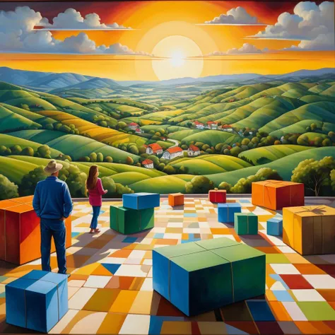 painting of a couple looking at a colorful landscape with blocks