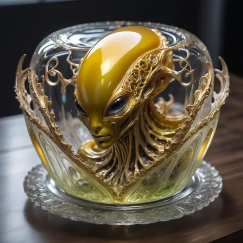 photo, 8k ((surreal)) alien jello sculpture sitiontatue, intricate, elegant, highly detailed, majestic, digital photography, art by artgerm and ruan jia and greg rutkowski surreal painting gold and siver  filigree, broken glass, (masterpiece, sidelighting,...