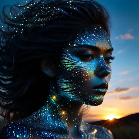 by Deborah Butterfield, Andy Goldsworthy, Xavier Puente Vilardell, close up transparent neon glitter girl silhouetted liquid epoxy holographic glitter face portrait, bioluminescence, light inside body, sunset sky, clouds, double exposure installation, beau...