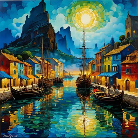 painting of a harbor scene with boats and a mountain in the background