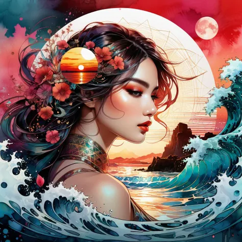 a woman with a flower in her hair is standing in the ocean