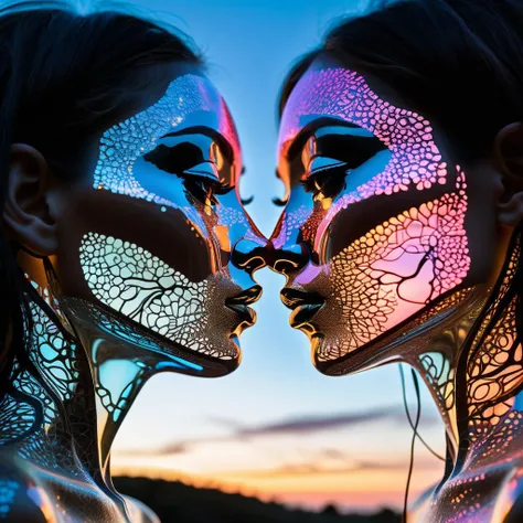 portrait of a two women kissing eachother by Deborah Butterfield, Andy Goldsworthy, Xavier Puente Vilardell, close up transparent neon girl silhouetted liquid epoxy holographic garland sculptural face portrait, bioluminescence, light inside body, sunset sk...