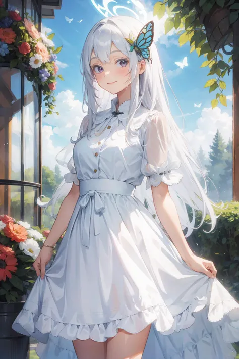 anime girl in a white dress with a butterfly in her hair