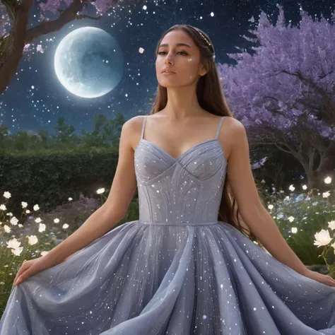 concept art close-up photo of 4r1ana a woman, Draped in a gown woven from stardust, she wanders amidst glowing flora in a garden where moonbeams dance with the whispers of constellations,  <lora:Ariana_Grande_2019:.9> . digital artwork, illustrative, paint...